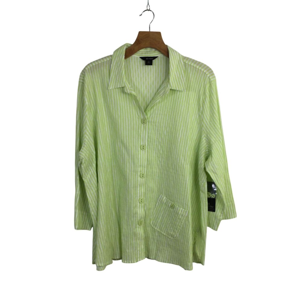 Ali Miles Womens Stripe Button-Up Tunic Blouse Top Yellow Green Size 2X NWT